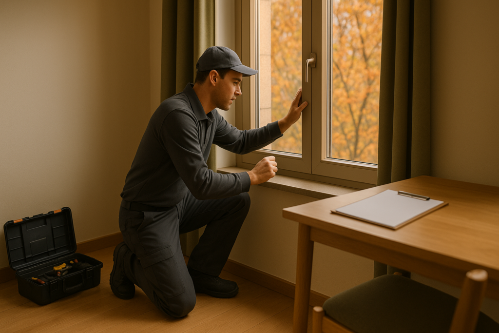 Técnico revisa el sellado de ventana en piso madrileño en otoño; mantenimiento viviendas Madrid con luz cálida.