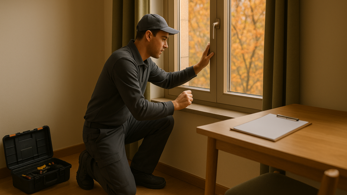 Técnico revisa el sellado de ventana en piso madrileño en otoño; mantenimiento viviendas Madrid con luz cálida.