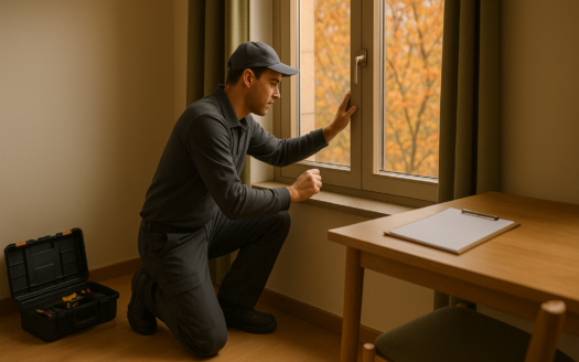 Técnico revisa el sellado de ventana en piso madrileño en otoño; mantenimiento viviendas Madrid con luz cálida.