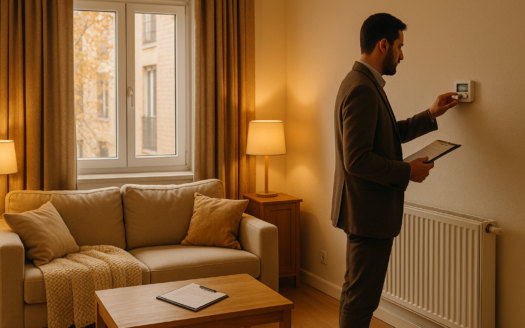 Salón acogedor en Madrid; propietario ajusta el termostato para alquilar en noviembre durante la visita, con luz cálida.