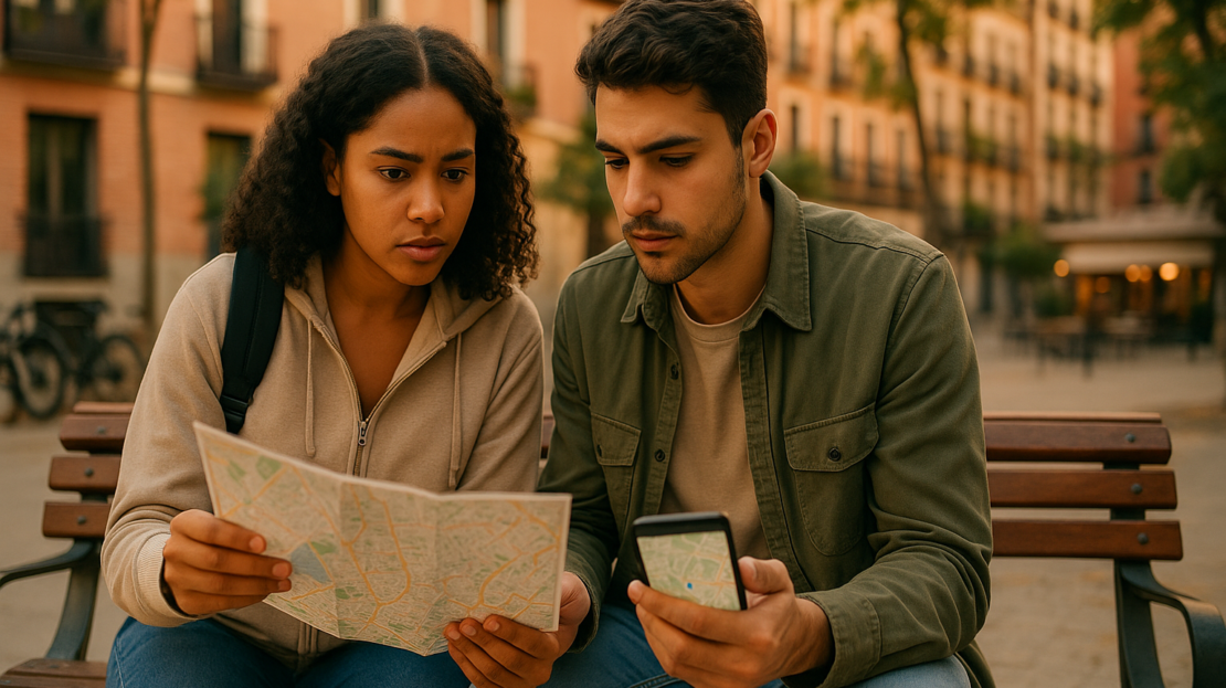 Dos jóvenes consultan mapa y móvil en Madrid; barrios para estudiantes, luz dorada y entorno urbano con bicis y cafetería.