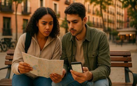 Dos jóvenes consultan mapa y móvil en Madrid; barrios para estudiantes, luz dorada y entorno urbano con bicis y cafetería.