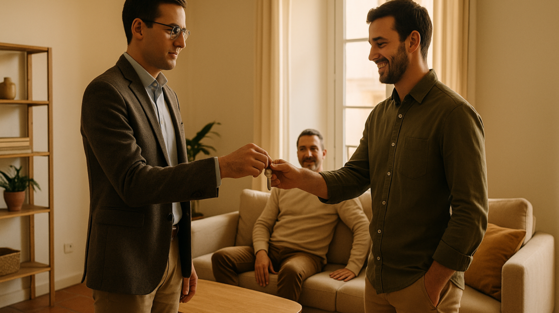 Interior de piso luminoso en Madrid; gestor entrega llaves al inquilino, gestionar alquiler vivienda con enfoque profesional