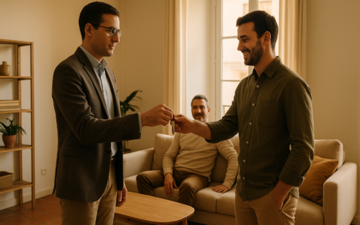 Interior de piso luminoso en Madrid; gestor entrega llaves al inquilino, gestionar alquiler vivienda con enfoque profesional