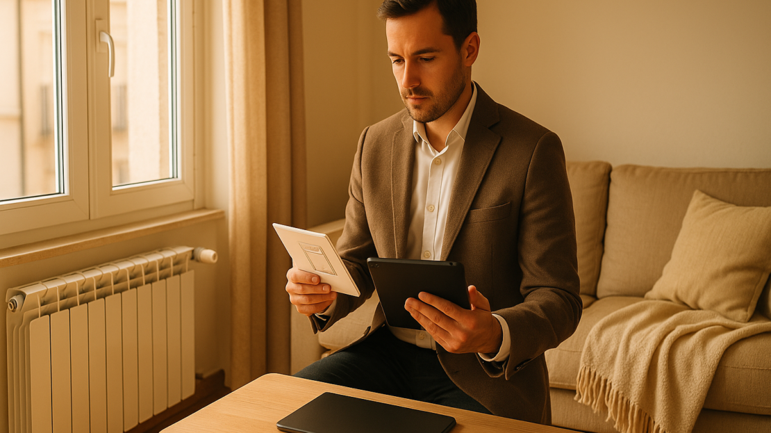 Salón en Madrid para alquiler en invierno: radiador con termostato, burletes y gestor con tablet; preparar vivienda Madrid.