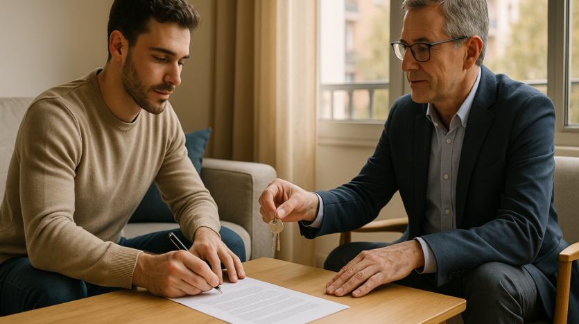 Intercambio de llaves y firma de contrato en salón de Madrid, alquilar piso sin intermediarios entre propietario e inquilino.