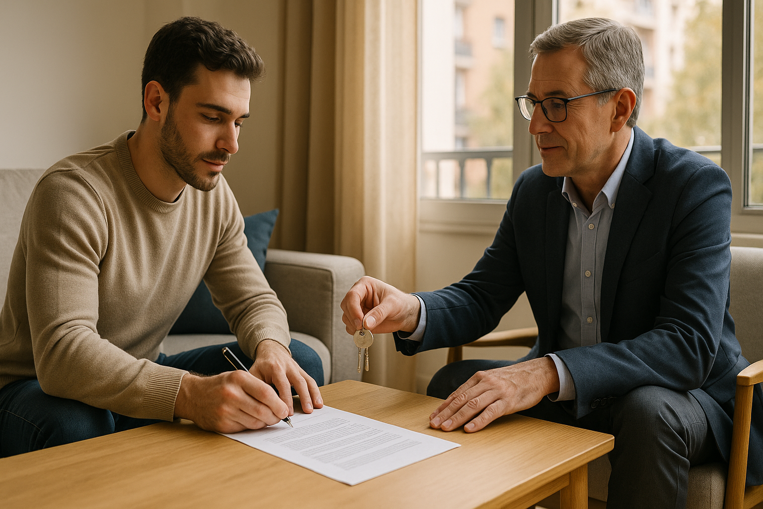 Intercambio de llaves y firma de contrato en salón de Madrid, alquilar piso sin intermediarios entre propietario e inquilino.