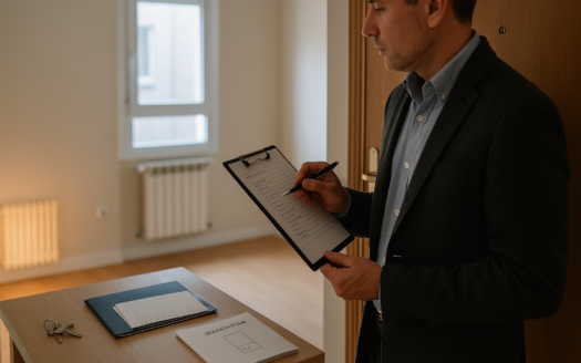 Piso en Madrid en enero: agente con checklist junto a la entrada y llaves; vivienda en alquiler con radiador encendido.