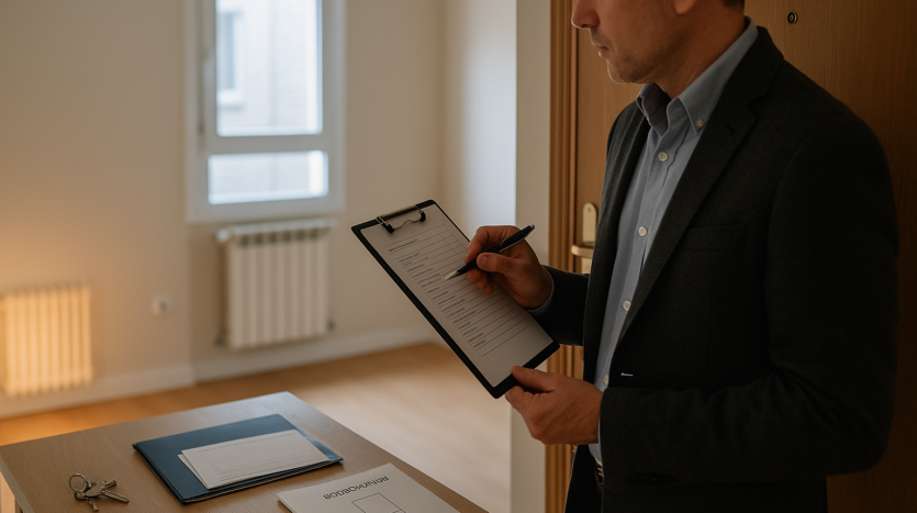 Piso en Madrid en enero: agente con checklist junto a la entrada y llaves; vivienda en alquiler con radiador encendido.