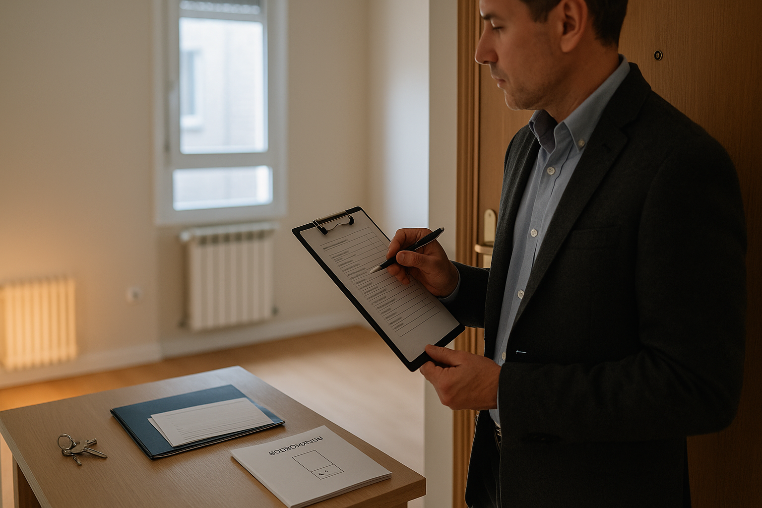 Piso en Madrid en enero: agente con checklist junto a la entrada y llaves; vivienda en alquiler con radiador encendido.