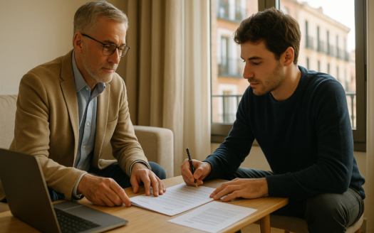 Propietario e inquilina firman contrato en salón luminoso; escena para alquilar piso en Madrid sin intermediarios.