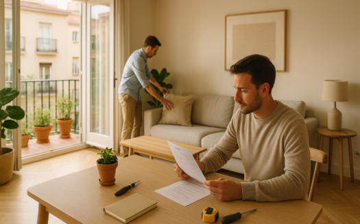 Salón luminoso en Madrid en primavera: checklist y profesional ventilando, preparar vivienda para alquiler antes de visitas.