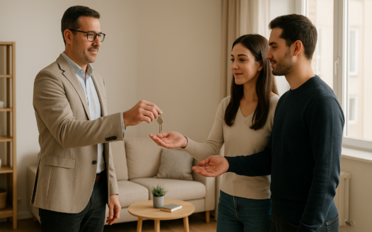 Propietario entrega llaves a pareja en piso de Madrid alquilar piso sin intermediarios con luz natural y trato profesional.