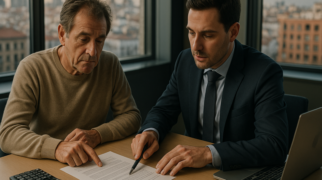 Propietario y gestor revisan contrato en oficina con vistas a Madrid; contratos alquiler Madrid con enfoque práctico en abril