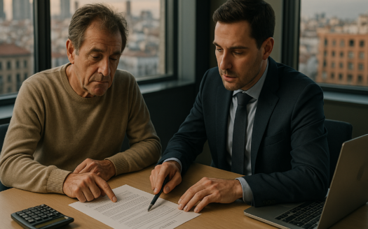 Propietario y gestor revisan contrato en oficina con vistas a Madrid; contratos alquiler Madrid con enfoque práctico en abril