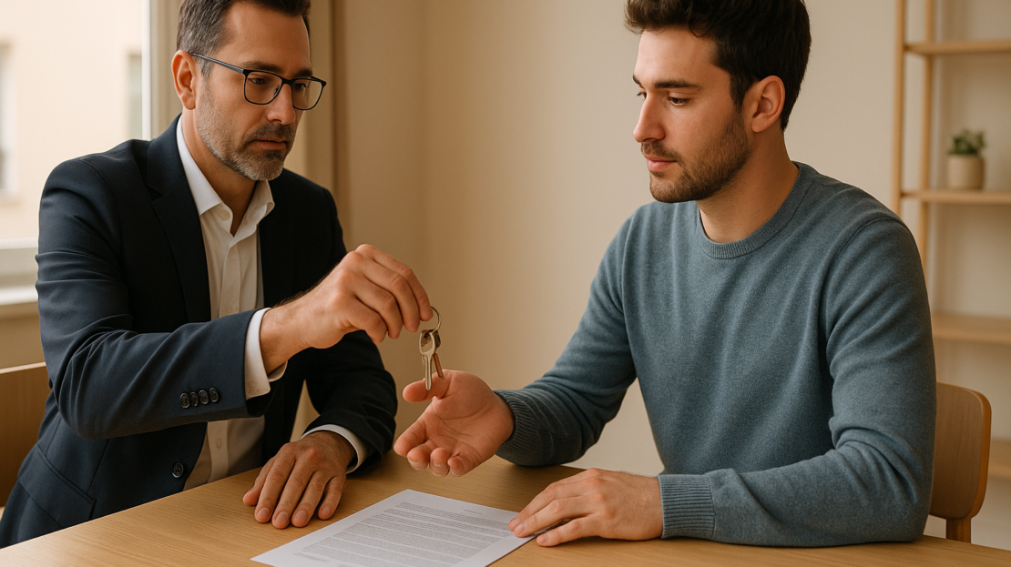Interior luminoso de piso en Madrid: propietario entrega llaves y revisa contrato para alquilar piso Madrid sin agencia