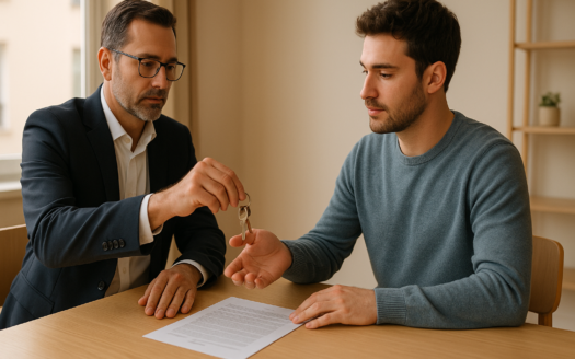 Interior luminoso de piso en Madrid: propietario entrega llaves y revisa contrato para alquilar piso Madrid sin agencia