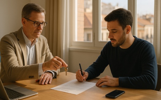 Propietario e inquilino firman contrato en salón madrileño; alquiler directo Madrid con entrega de llaves y trato profesional