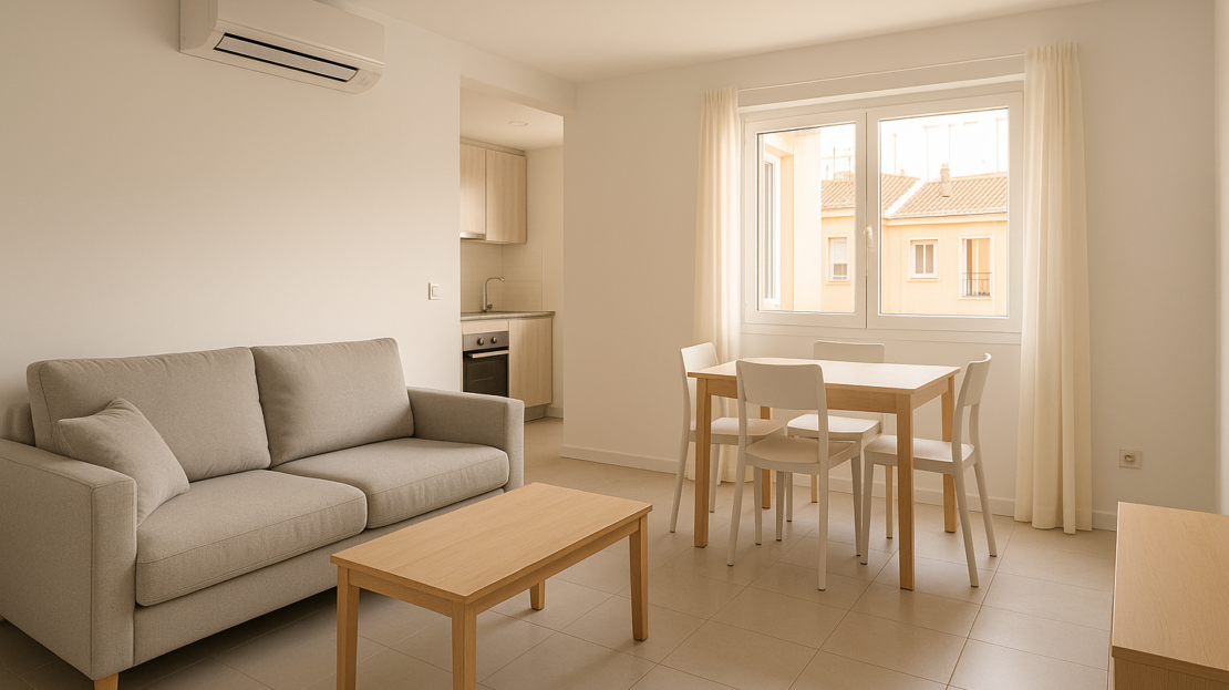 Salón comedor luminoso en Madrid, listo como piso para alquilar, con aire acondicionado, mobiliario neutro y cocina al fondo.