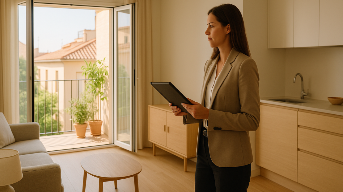 Propietario revisa tablet en salón luminoso de piso en Madrid, balcón abierto tarde de verano para preparar vivienda verano