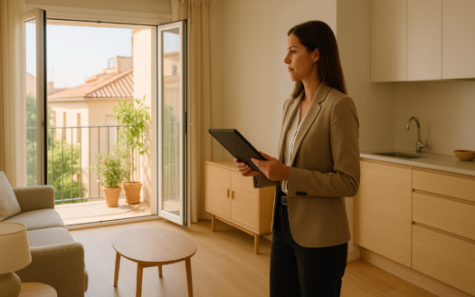 Propietario revisa tablet en salón luminoso de piso en Madrid, balcón abierto tarde de verano para preparar vivienda verano