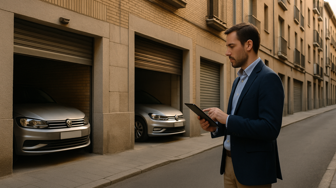 Calle de Madrid con puertas de garaje y gestor con tablet; alquiler garajes Madrid en escena de informe por distrito.