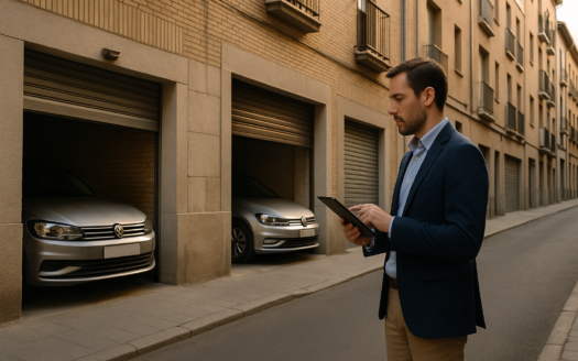 Calle de Madrid con puertas de garaje y gestor con tablet; alquiler garajes Madrid en escena de informe por distrito.