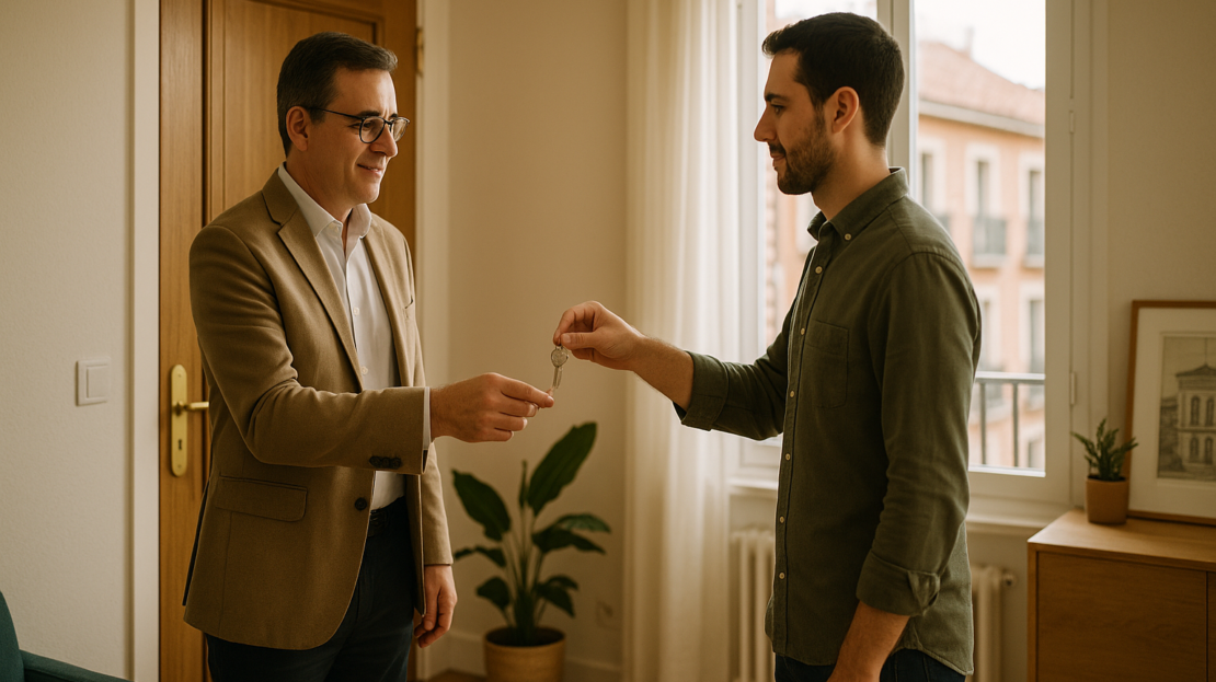Entrega de llaves en piso de Madrid entre propietario e inquilino, alquilar sin intermediarios con luz natural cálida.