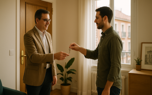 Entrega de llaves en piso de Madrid entre propietario e inquilino, alquilar sin intermediarios con luz natural cálida.