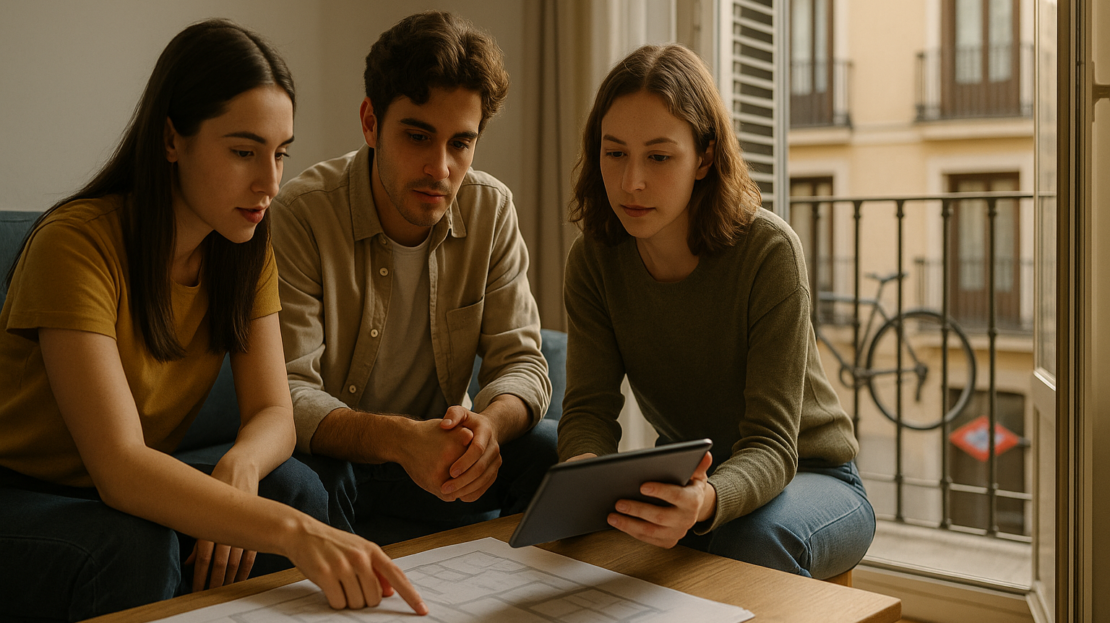 Salón luminoso de piso en Madrid con tres jóvenes y tablet; barrios para estudiantes Madrid en una escena cotidiana.