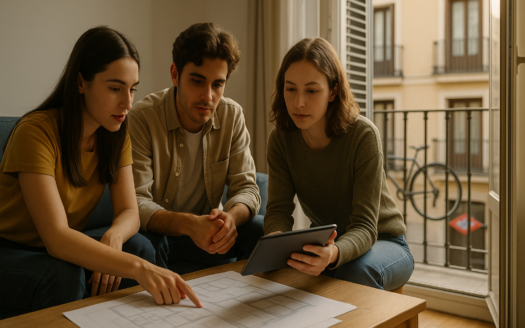 Salón luminoso de piso en Madrid con tres jóvenes y tablet; barrios para estudiantes Madrid en una escena cotidiana.