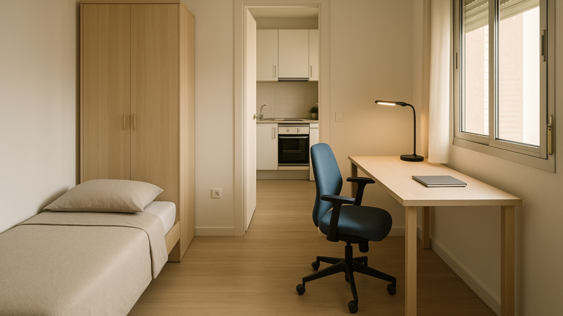 Habitación-estudio en Madrid para piso para estudiantes, con cama individual, escritorio con lámpara LED, silla ergonómica.