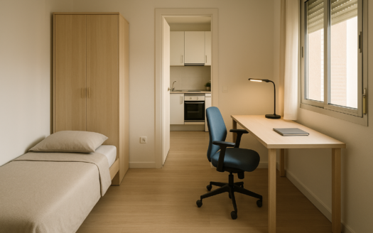 Habitación-estudio en Madrid para piso para estudiantes, con cama individual, escritorio con lámpara LED, silla ergonómica.